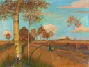 Abendsonne im Moor van Otto Modersohn: landschap met berken, herfst, veen en avondzon, in warm oranje en blauw