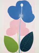 Abstracte illustratie van gestapelde blauwe en roze bloemvormen met bladeren.