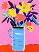 Abstract schilderij van bloemen in een kan