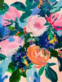Abstract geschilderd bloemenboeket in teal, roze en oranje