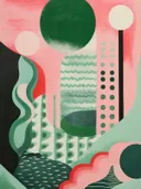 Abstract landschap met groene cirkelvormige bomen, roze lucht en stippenpatronen