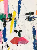 Abstract portret schilderij met verfspatten op wit canvas