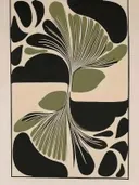 Abstract schilderij met ginkgo-achtige bladvormen in zwart