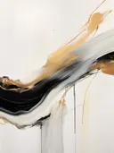 Abstract schilderij met golvende gouden en zwarte penseelstreken op een witte achtergrond.