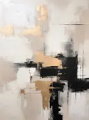 Abstract schilderij met vlakken zwart en goud op een beige achtergrond.
