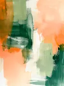 Abstracte kleurvlakken schilderij in oranje en groen, organische compositie
