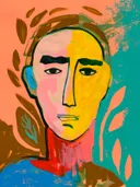 Abstract portret schilderij in roze en geel met turquoise achtergrond