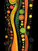 Abstract stippenpatroon schilderij in oranje en groen op zwart