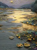 Abstract getextureerd kunstwerk van een strandlandschap met gouden getijdengeulen en een paarse lucht