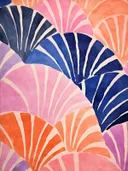Abstract patroon van kleurrijke waaiervormen in blauw, roze en oranje.