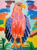 Expressief geschilderd portret van een adelaar in roze en paarse kleuren.