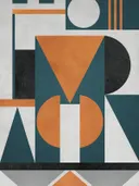 Art-deco-schilderij met gestileerde figuur in blauw en oranje