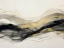 Abstract schilderij met zwarte vormen en gouden lijnen