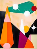 Expressionistisch abstract schilderij met bergpieken en sterren in oranje en zwart