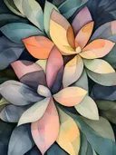 Abstract schilderij van een bloemvormige compositie van bladvormen in pastel tinten op donkere achtergrond