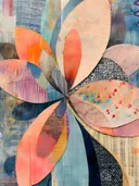 Abstracte collage van bloemblad-vormen in koraal, blauw en paars