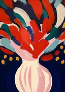 Abstract schilderij van bloemen in een vaas op marineblauw