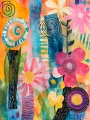 Abstract collage kunstwerk met bloemvormen, spiralen en cirkels in oranje, blauw en roze tinten