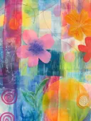 Abstract kleurrijk schilderij met roze bloem, oranje en rode bladvormen en spiralen op blauw-groene achtergrond