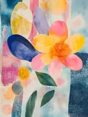 Abstracte collage van een grote bloem met kleurvlakken in roze, geel en blauw