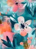 Grote roze bloesem op een abstracte achtergrond van koraal en smaragdgroene penseelstreken