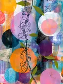Abstract schilderij met kleurrijke cirkels en een getekende bloemenrank
