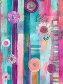 Abstract schilderij met verticale turkooise en roze strepen en diverse ronde bloemachtige motieven