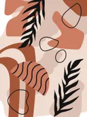 Abstracte illustratie met zwarte bladvormen en geometrische vlakken in terracotta tinten.
