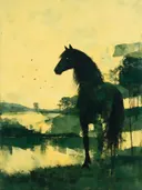 Paard in bosgroen met groen, schilderij