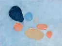 Schilderij: abstracte compositie in organische vormen en drijvend, lichtblauw met zeegroen
