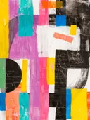Abstracte compositie schilderij in paars, turkoois en geel