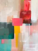 Abstracte compositie met kleurvlakken in rood, geel en teal