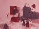 Schilderij: abstracte compositie in wijnrood met dieprood