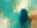 Schilderij: abstracte compositie in zachte kleurvelden, turquoise
