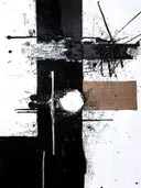 Abstract schilderij in zwart, wit en houtkleur
