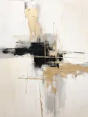 Abstract schilderij met een zwart vlak en dunne gouden lijnen.