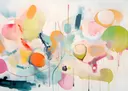 Abstract schilderij met organische vormen en verfdruppels in pastelkleuren
