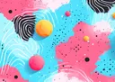 Abstract schilderij met kleurrijke bollen, stippen en golvende lijnen in roze en blauw
