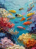 Abstract schilderij van overlappende kleurrijke vissilhouetten