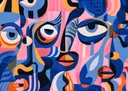 Cubistisch schilderij van abstracte gezichten met ogen en lippen in blauw en roze