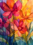 Abstract schilderij van bloemen in glas-in-lood stijl met roze, oranje en gele vlakken