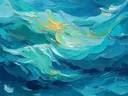 Abstract schilderij van golvende zee in goud en turkoois
