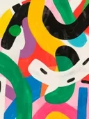 Abstracte compositie schilderij in geel, groen en zwart, grafische vormen