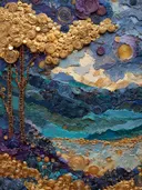 Abstract kunstwerk van een gouden boom boven een berglandschap in blauw en paars