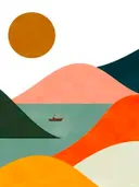 Minimalistisch landschap met heuvels en bootje