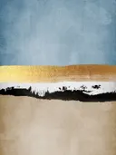 Minimalistisch abstract schilderij met horizon in blauw en goud