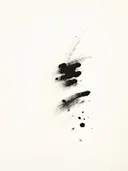 Abstracte zwarte inktvegen en spatten op witte achtergrond.