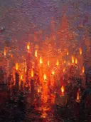 Abstract stilleven schilderij van kaarsen in rood en blauw