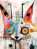Abstract expressionistisch schilderij van een kattenkop met een ster in het oog