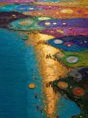 Abstract kunstwerk met kleurrijke cirkelvormen en een gouden reflectie op turquoise water